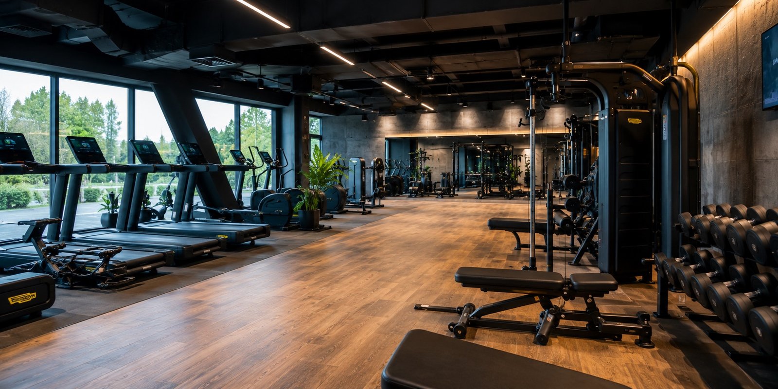 Nowoczesna siłownia z sprzętem cardio i wolnymi ciężarami
